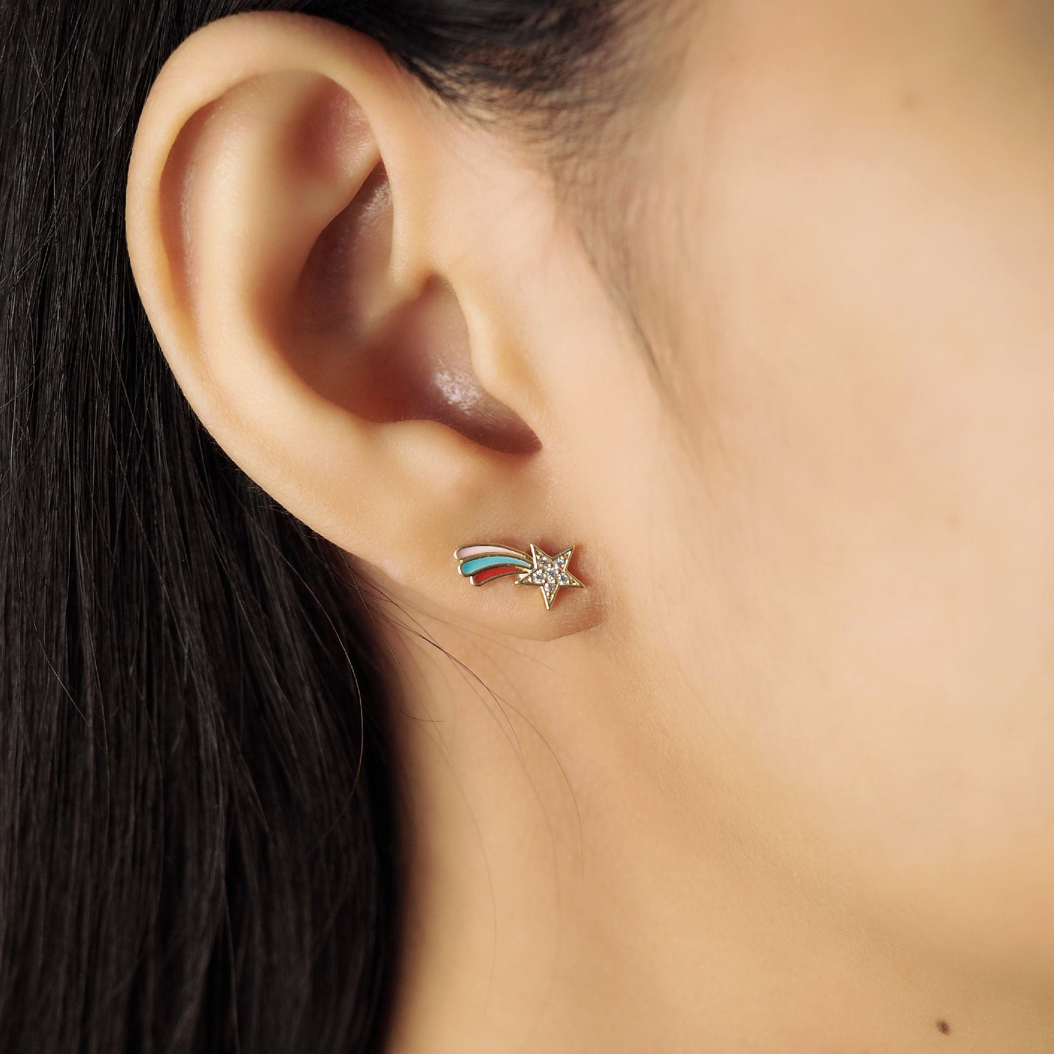 TAI JEWELRY | Pave CZ And Enamel Rainbow Shooting Star Studs | Earrings |