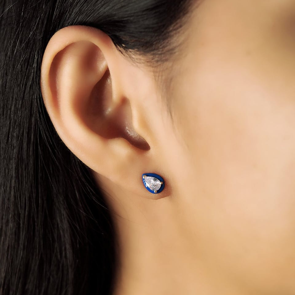 TAI JEWELRY Earrings Pear Shaped CZ Studs With Enamel Bezel