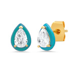 TAI JEWELRY Earrings Turquoise Pear Shaped CZ Studs With Enamel Bezel