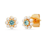 TAI JEWELRY Earrings Pearl Flower Studs With Blue Center Stone