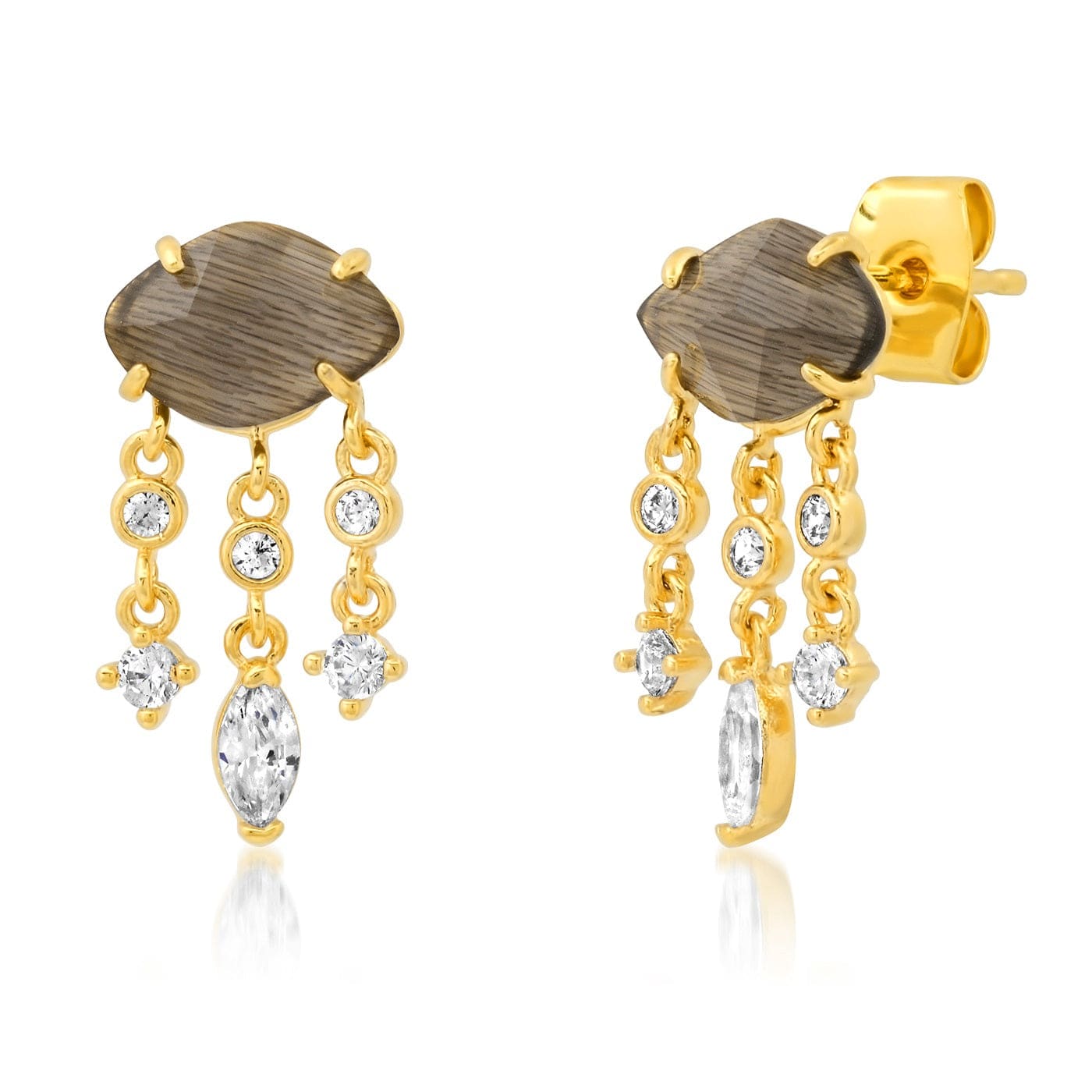 TAI JEWELRY Earrings Grey Rose Quartz Studs With CZ Dangles