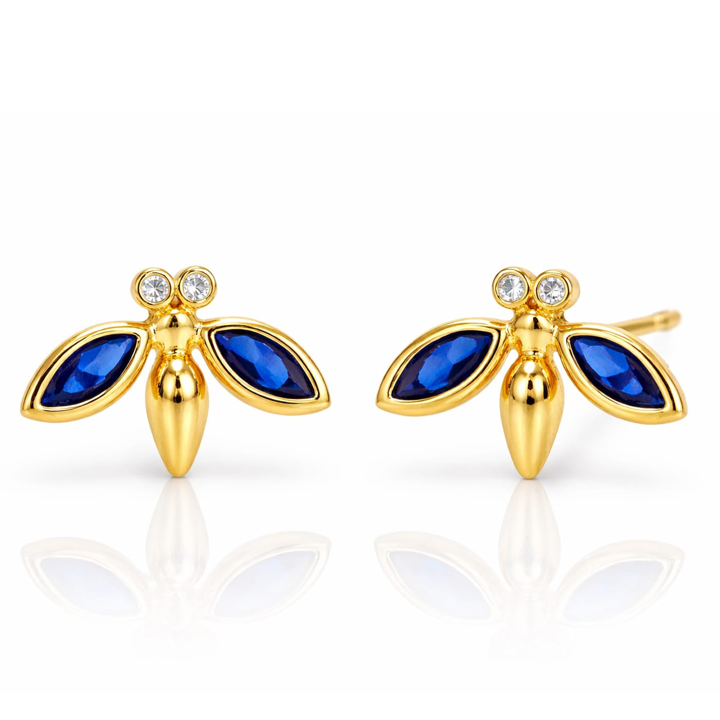 TAI JEWELRY Earrings Simple Gold Bee Studs Accented With Montana Blue Stones