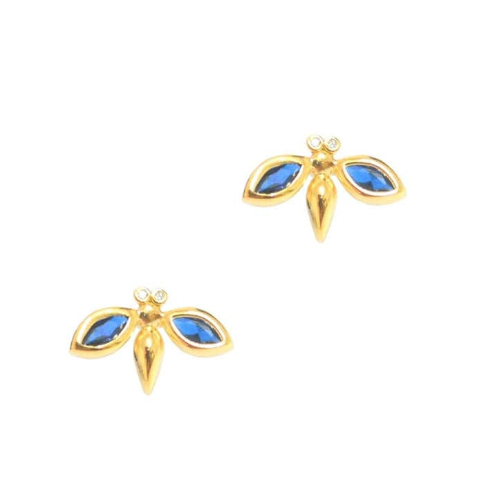 TAI JEWELRY Earrings Simple Gold Bee Studs Accented With Montana Blue Stones