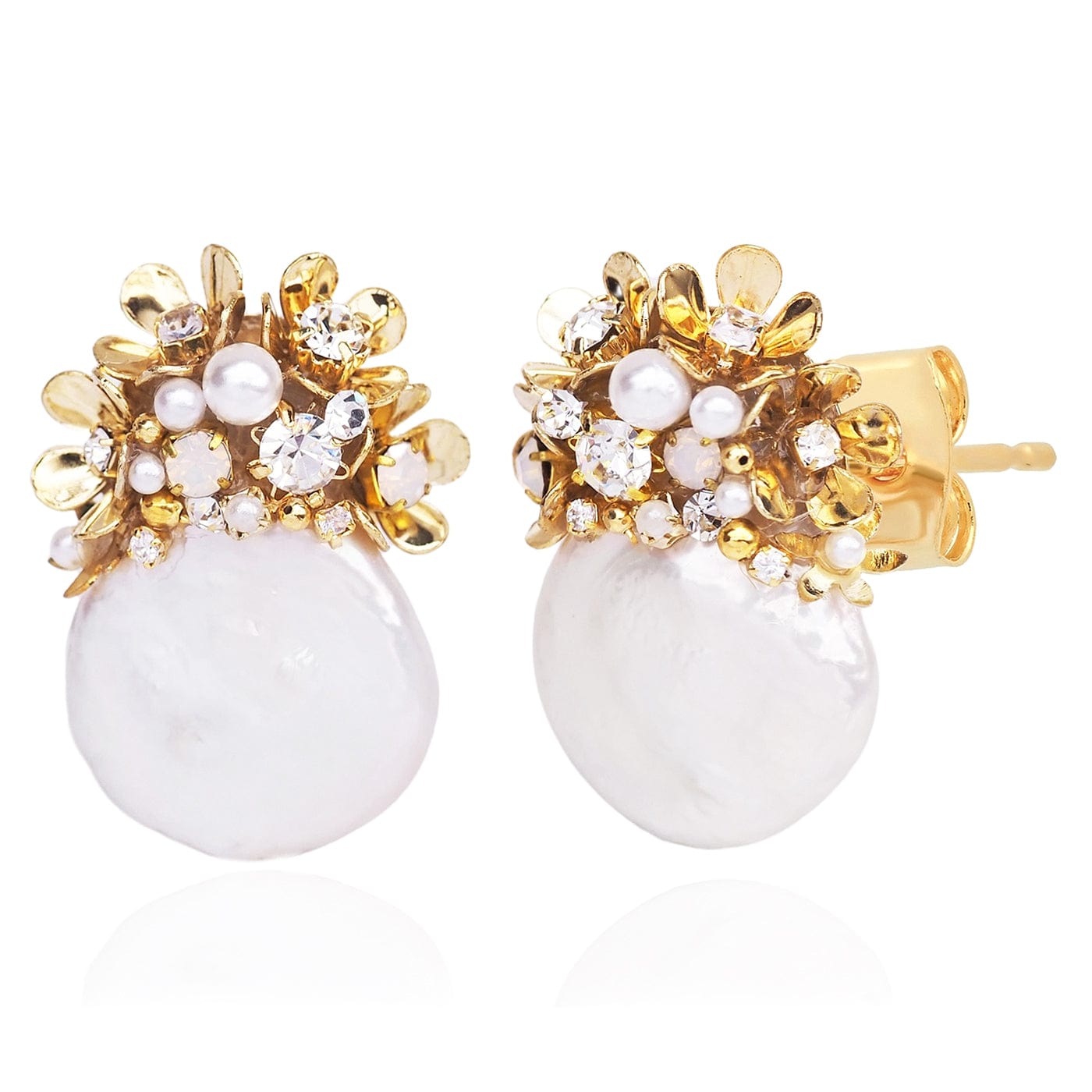 TAI JEWELRY Earrings Statement Floral Cluster and Coin Pearl Post Earrings