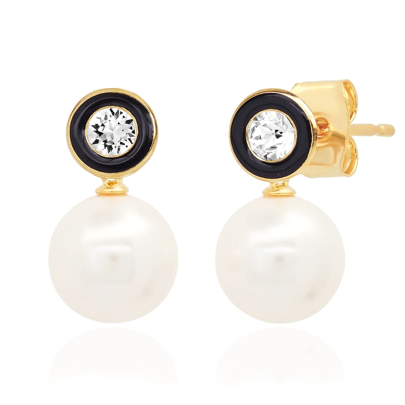 TAI JEWELRY Earrings Black Swarovski CZ & Pearl Drop Earrings in Gold-Plated Sterling Silver