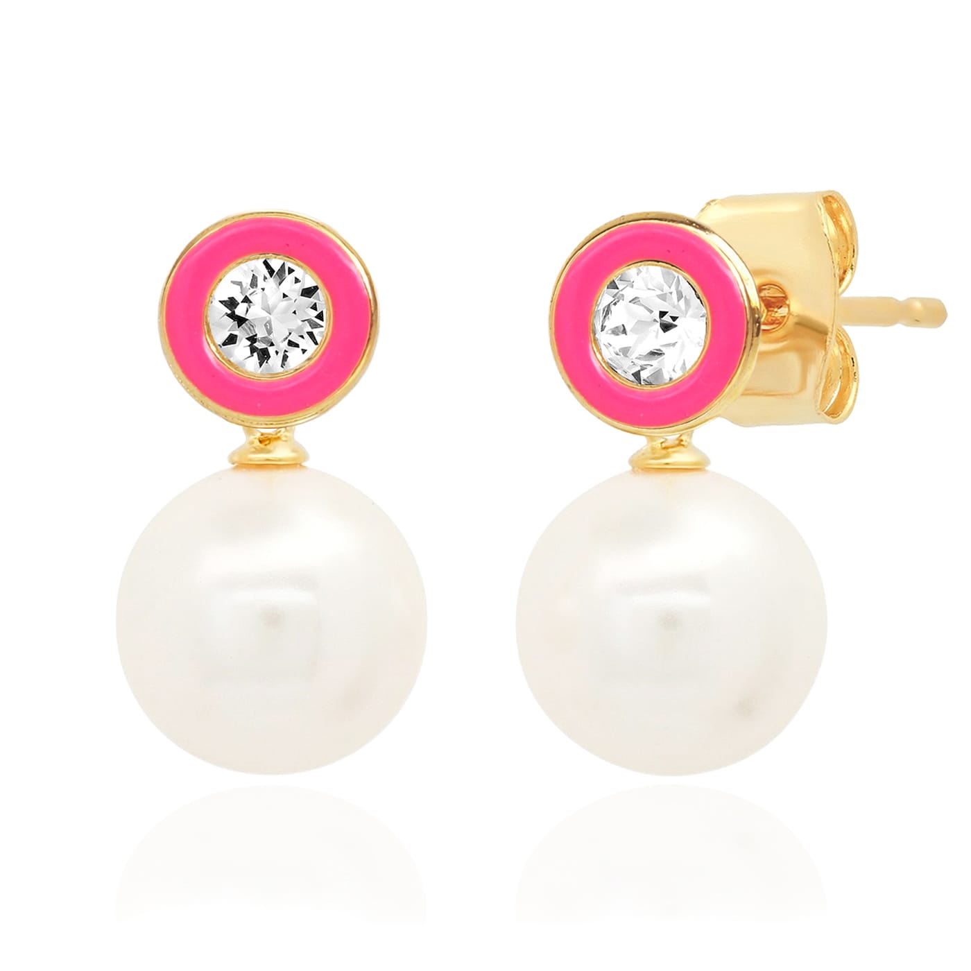 TAI JEWELRY Earrings Pink Swarovski CZ & Pearl Drop Earrings in Gold-Plated Sterling Silver