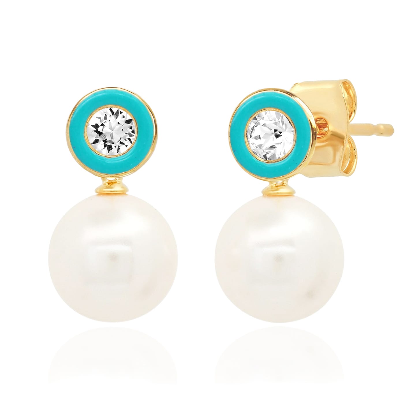 TAI JEWELRY Earrings Teal Swarovski CZ & Pearl Drop Earrings in Gold-Plated Sterling Silver