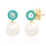TAI JEWELRY Earrings Teal Swarovski CZ & Pearl Drop Earrings in Gold-Plated Sterling Silver