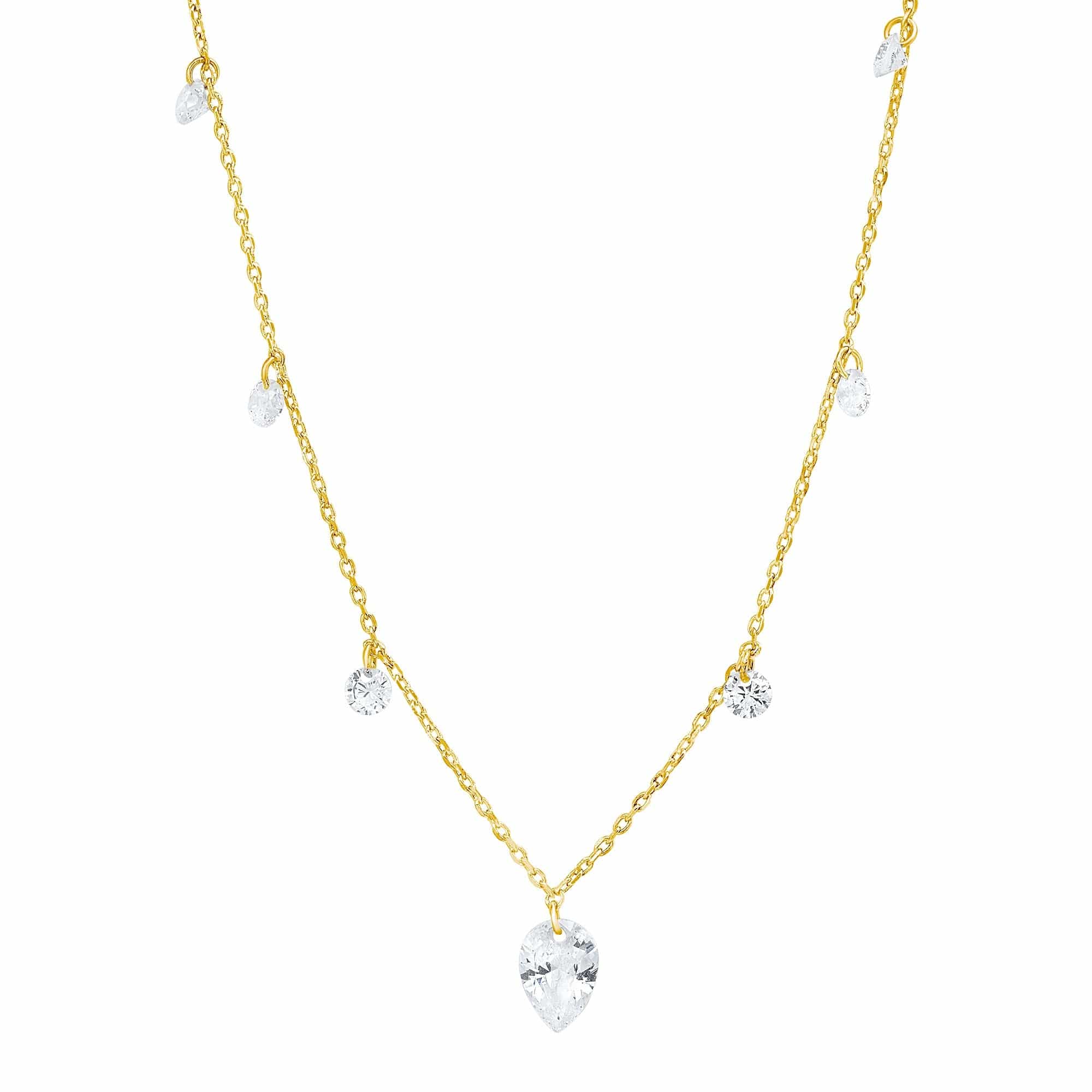 TAI JEWELRY Necklace Gold Floating Cz Station Necklace With Pear Shaped Cz Pendant