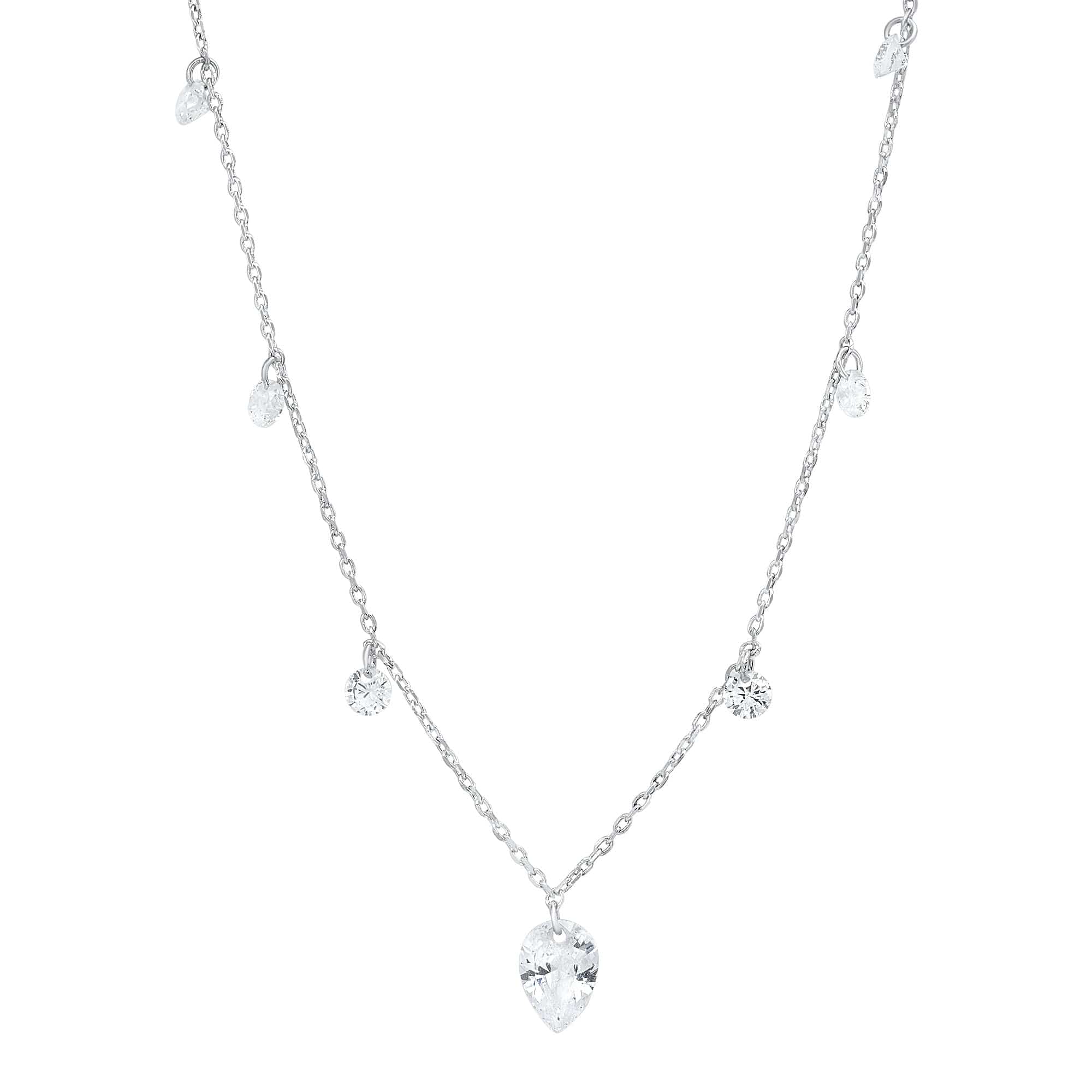 TAI JEWELRY Necklace Silver Floating Cz Station Necklace With Pear Shaped Cz Pendant