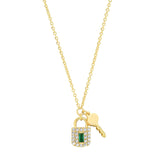 TAI JEWELRY Necklace Pave Lock And Key Charm Necklace With Green Accent Stone